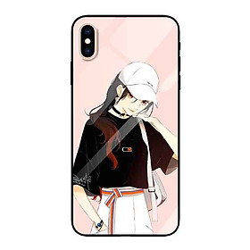 Ốp lưng kính cường lực cho iPhone Xs Max Nền Cô Gái Áo Đen Nón Trắng - Hàng Chính Hãng