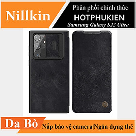 Case bao da chống sốc cho Samsung Galaxy S22 Ultra hiệu Nillkin Qin Pro trang bị nắp bảo vệ Camera (Chất liệu da cao cấp, có ngăn đựng thẻ, mặt da siêu mềm mịn) - hàng nhập khẩu
