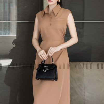 Đầm nâu cổ sơ mi NGADO , đầm công sở , đầm dự tiệc