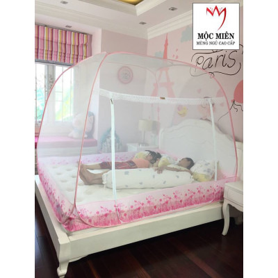 Màn chụp , Mùng chụp cao cấp Mộc Miên đỉnh rộng kích thước 1,2mx2m - Trắng Viền Hồng ( Hà Nội )