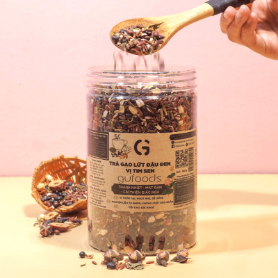 Trà gạo lứt đậu đen vị Tim sen GUfoods (hũ 500g) - Thư giãn tinh thần, Thanh nhiệt, Mát gan, Cải thiện giấc ngủ, Thanh lọc cơ thể