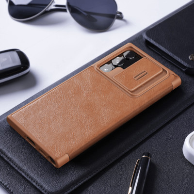 Case bao da chống sốc cho Samsung Galaxy S23 Ultra trang bị nắp bảo vệ Camera hiệu Nillkin Qin Pro (ngăn đựng thẻ ATM Name Card, chất liệu da cao cấp, thiết kế thời trang cá tính) - Hàng nhập khẩu