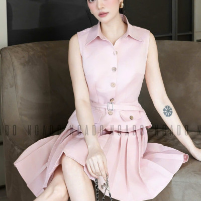 Set áo váy hồng sát nách NGADO , set áo váy ngắn , set áo váy dự tiệc , công sở