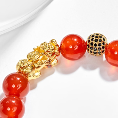 Vòng Tay Nam Đá Mã Não Đỏ Phối  Tỳ Hưu Bạc Mạ Vàng 24K Ngọc Quý Gemstones