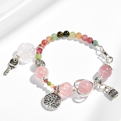 Vòng tay đá Tourmaline phối thạch anh hồng charm khóa (5mm) Ngọc Quý Gemstones