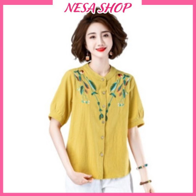 Áo sơ mi nữ trung niên thêu hoa cao cấp tặng mẹ, chất liệu mềm mát form rộng bigsize, áo kiểu NeSa Shop, SMH.60
