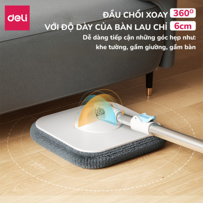 Bộ Cây Lau Nhà Tách Nước Bẩn Thông Minh Deli, Chổi Lau Nhà Xoay 360 độ 2 Ngăn Kèm Bông Lau