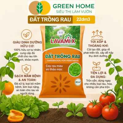 Đất Trồng Rau GreenHome, Lavamix, Bao 22dm3 (11kg), Hữu Cơ, Đầy Đủ Dinh Dưỡng Cho Các Loại Rau, Củ