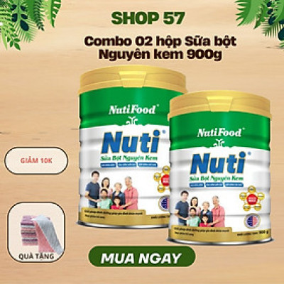 Combo 2 hộp Sữa bột nguyên kem của NutiFood dinh dưỡng hàng ngày cho mọi người (900g/hộp)