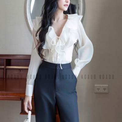Quần đen phối trắng NGADO, Quần tây nữ, Quần công sở, Quần ống đứng, ống rộng