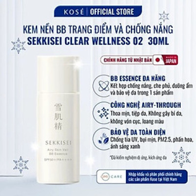 Kem Nền BB Sekkisei Che Phủ Tự Nhiên, Nền Thoáng Mịn, Chống Nắng SPF50+ PA++++ Clear Wellness Kose Nhật Bản 30ML