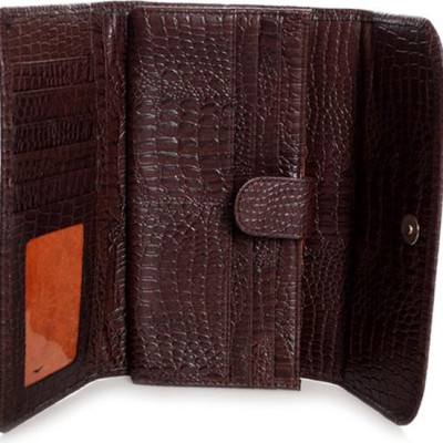 Ví nữ da bò vân cá sấu Huy Hoàng bấm nút màu nâu HT3110