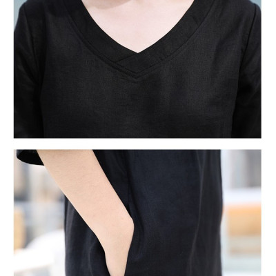 Đầm suông linen nữ cổ V tay lỡ, tặng kèm dây thắt eo xinh, đầm màu đen sang trọng NH198 đen