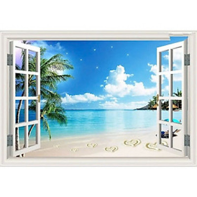 (HCM)Tranh dán tường 3d cửa sổ biển trang trí phòng khách, phòng ngủ, khách sạn tích hợp sẵn keo