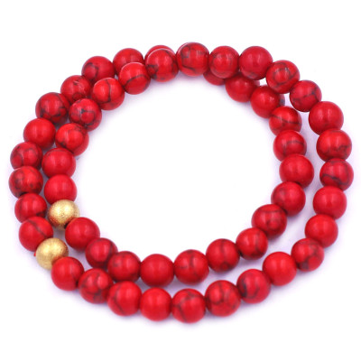 [Mệnh Hỏa, Thổ] Vòng Chuỗi Đôi 6 Ly San Hô Đỏ Sọc Charm Bi Inox VSHOSHBD