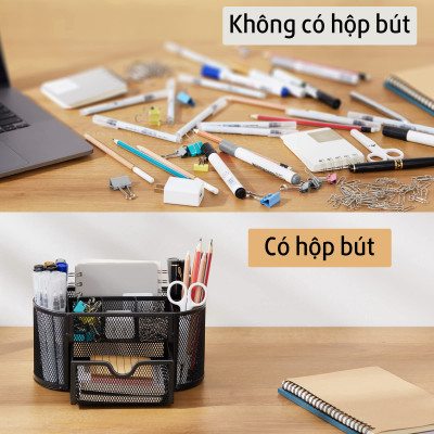 Hộp Khay Ống Đựng Cắm Bút Kim Loại Để Bàn