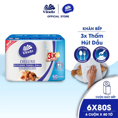 [MUA 2 LỐC KHĂN BẾP CUỘN TẶNG 1 GÓI KHĂN TREO TƯỜNG + 1 MÓC KHÓA] Khăn giấy bếp đa năng siêu thấm Vinda Deluxe (6 Cuộn)