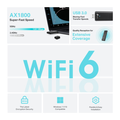 USB WIFI 6 AX1800 TP-Link Archer TX20U | Băng thông AX1800 băng tần kép | Kết nối USB 3.0 | Dễ cài đặt | Bảo hành 2 năm | Hàng Chính Hãng