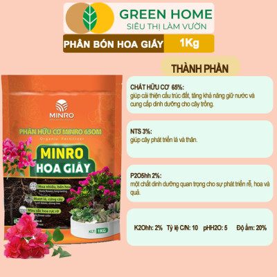 Phân Bón Hoa Giấy Greenhome, Minro, Bao 1kg, Hữu Cơ, Cứng Thân, Tạo Tán, Ra Bông Nhiều, Lâu Tàn