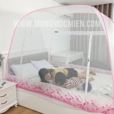 Màn chụp , Mùng chụp cao cấp Mộc Miên đỉnh rộng kích thước 1,2mx2m - Trắng Viền Hồng ( Hà Nội )