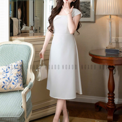 Đầm gấm trắng tay con NGADO , đầm dự tiệc hở vai