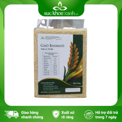 Gạo Basmati India (Ấn Độ) 1121, chỉ số đường huyết (GI) thấp, tốt cho người bị tiểu đường, Túi 5kg
