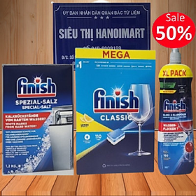 Combo rửa bát Finish: Hộp Classic 110 viên, Nước làm bóng chai 400ml, Muối hộp 1,5kg - Chính hãng.