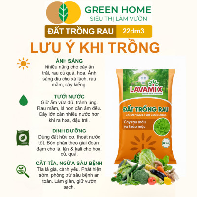 Đất Trồng Rau GreenHome, Lavamix, Bao 22dm3 (11kg), Hữu Cơ, Đầy Đủ Dinh Dưỡng Cho Các Loại Rau, Củ