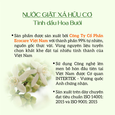 Nước giặt xả hữu cơ Bồ Hòn Ecocare tinh dầu Hoa Bưởi  2000ml