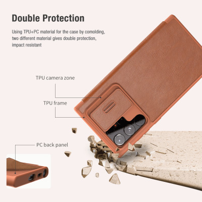 Case bao da chống sốc cho Samsung Galaxy S23 Ultra trang bị nắp bảo vệ Camera hiệu Nillkin Qin Pro (ngăn đựng thẻ ATM Name Card, chất liệu da cao cấp, thiết kế thời trang cá tính) - Hàng nhập khẩu