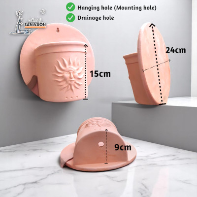 Chậu Treo Tường Đất Nung Hoa Văn Mặt Trời | Trang Trí Ban Công Treo Tường | Style Rustic | 24×24×15cm