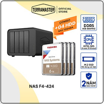 Combo Bộ Ổ cứng mạng NAS TerraMaster F4-424 kèm 1 ổ cứng NAS N300 3.5inch 24/7 Hàng chính hãng