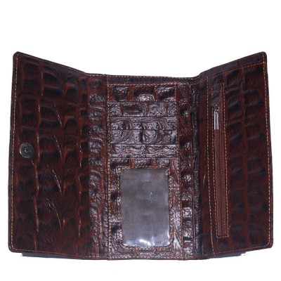 Ví nữ da bò vân cá sấu Huy Hoàng vân lớn 3 gấp màu nâu đỏ HC3169