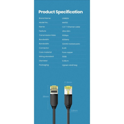 Ugreen UG80414NW149TK 0.5M 10Gbps màu đen cáp mạng CAT7 siêu mỏng nhỏ 0.38mm - HÀNG CHÍNH HÃNG
