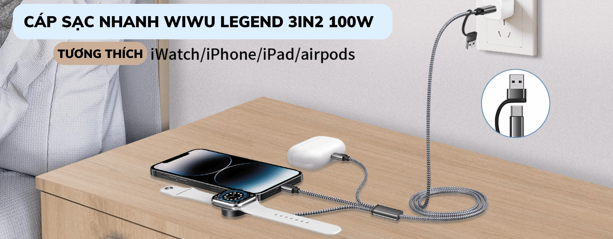 Cáp Sạc Nhanh Wi WU Legend 3in2 100W Wi-C050 - Hàng chính hãng