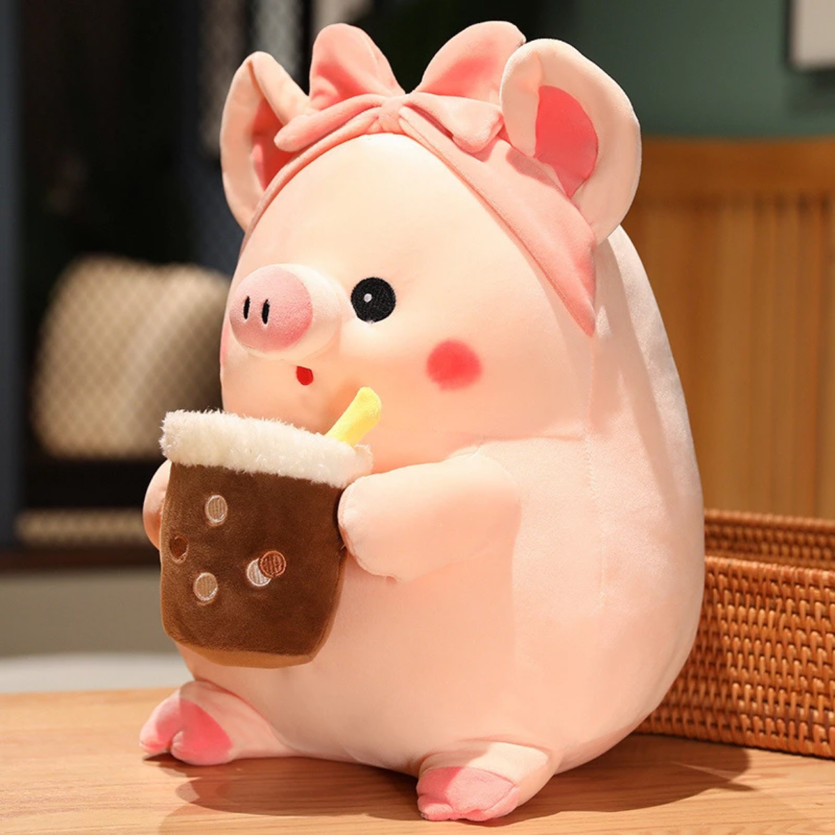Thú Bông Heo Hồng Uống Trà Sữa Đáng Yêu Value Toys 25cm Cho Bé