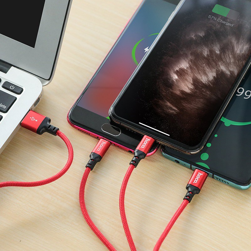 Cáp sạc nhanh 2A 3 đầu Hoco x14 - dây sạc 3 in 1 đa năng micro usb type c lightling cho iphone samsung oppo,..vvv - hàng chính hãng