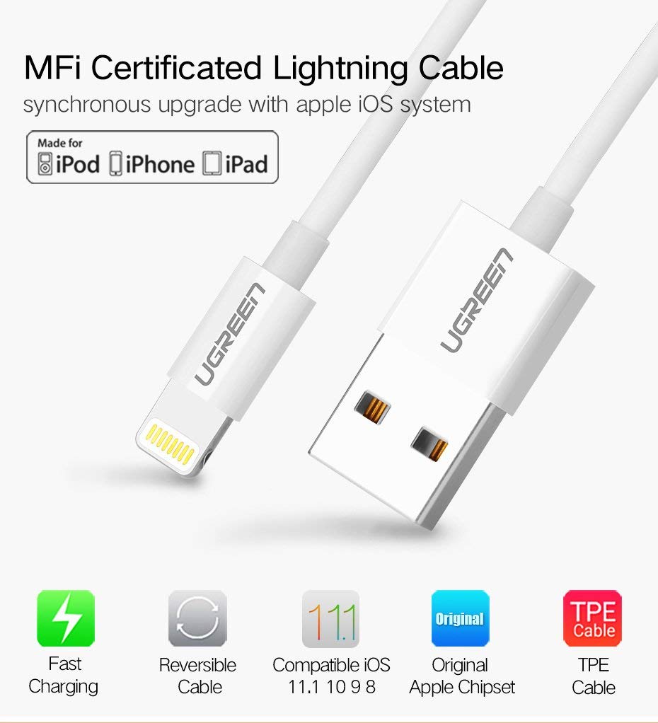 Dây USB lighting dài 1m có chip mFI cao cấp chính hãng UGREEN 20728