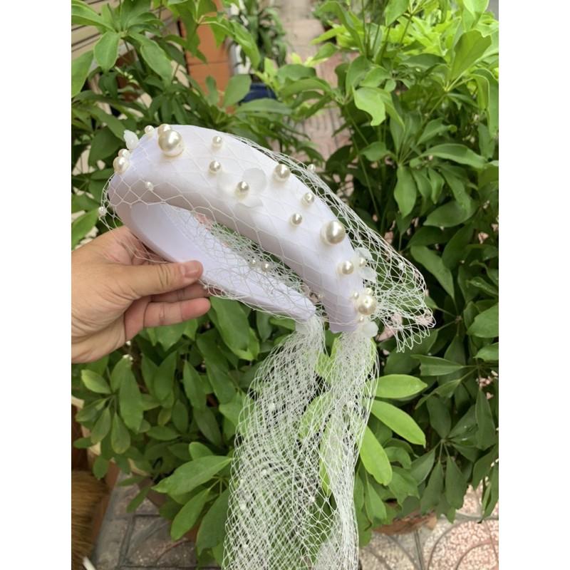 Băng đô nhung cài tóc cô dâu đính hạt trai kèm lưới mạng che mặt Giangpkc SP220547