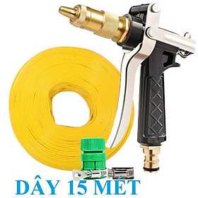 Bộ dây vòi xịt nước rửa xe, tưới cây . tăng áp 3 lần, loại 15m 206318 đầu đồng,đai,nối vàng+ tặng mở chai