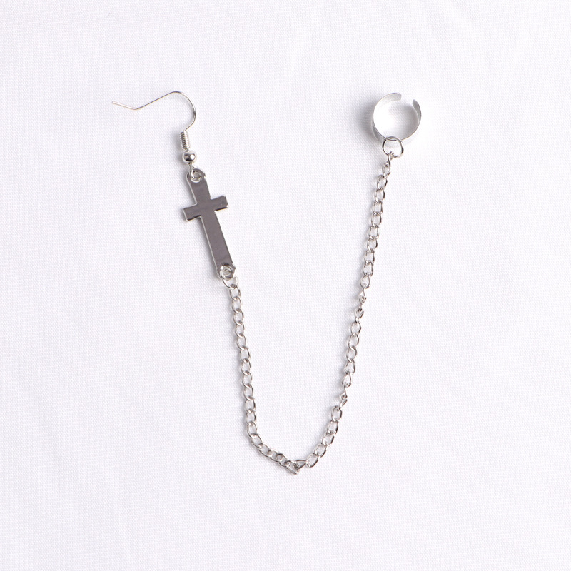 Bông tai unisex dáng dây chuyền xích đơn chữ thập khóa hai đầu độc lạ