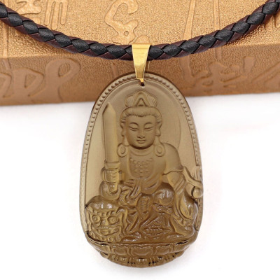 Vòng cổ dây da mặt Văn Thù Bồ Tát đá Obsidian 5cm - Phật bản mệnh tuổi Mão