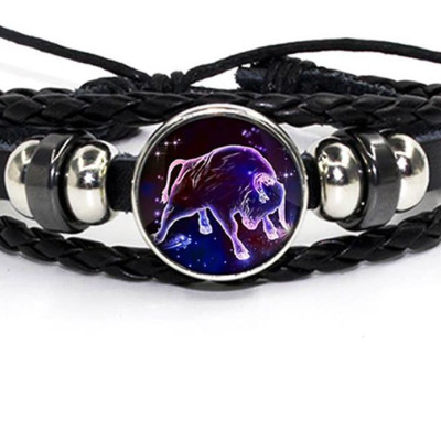 Vòng Đeo Tay Giả Cổ Dây Da Bệt Tết Phong Cách Retro Mặt Vòng Hình 12 Cung Hoàng Đạo Có Thể Điều Chỉnh Độ Rộng