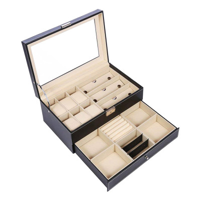 Hộp Đựng Đồng Hồ Nam Nữ  2 Tầng 21 Ngăn Bọc Da Cao Cấp Có Mút Silicon Chống Xước Mặt Đồng Hồ - Hàng Chính Hãng MINIIN