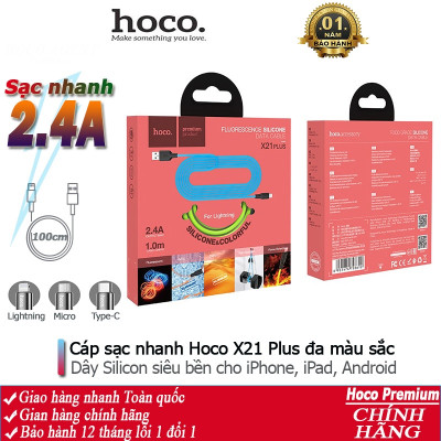 Cáp Sạc Nhanh Hoco X21 Plus 2.4A Dành Cho IP, Lõi Đồng Cao Cấp, Dây Siêu Dẻo, Chống Đứt Dây Dài 1m, 2m, Chống Cháy, Màu Sắc Bắt Mắt - Hàng Chính Hãng