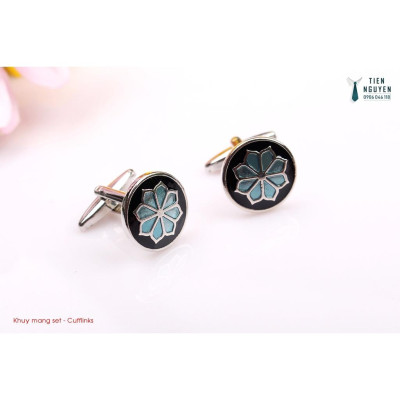 Khuy Cài tay áo Măng Set cao cấp đính đá - cufflinks , tặng kèm hộp nhỏ, hình bông hoa xanh