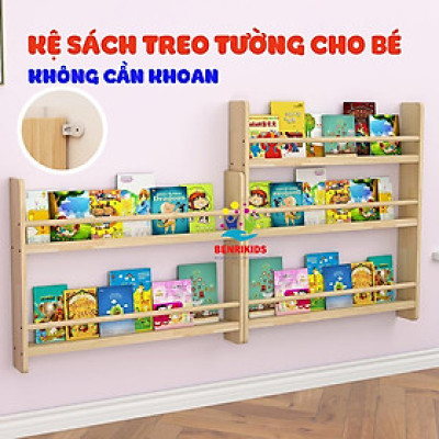 Kệ Sách Treo Tường Cho Bé Không Cần Khoan Giá Sách Montessroi Kệ Mầm Non Gỗ Thông Nhập Khẩu