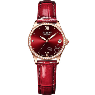 Đồng hồ nữ chính hãng KASSAW K996-1 ,Fullbox, Kính sapphire ,chống xước,chống nước,mặt đỏ vỏ vàng hồng dây da, thép không gỉ 316L, Mới 100%,Bảo hành 24 tháng,thiết kế lộ cơ đơn giản,trẻ trung và sang trọng