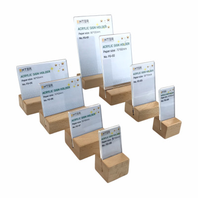 Kệ mica 1 mặt đế gỗ Enter FG-03 50x70mm, Kệ thông tin sản phẩm, Standee mica để bàn, Bảng quét mã QR Code