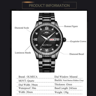 Đồng hồ thạch anh Dây đeo bằng thép không gỉ Thời trang chức năng 3ATM Hiển thị dạ quang OLMECA